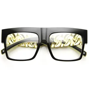 Trendy High Fashion Hipster Flat Top Chain Clear Lens Glasses