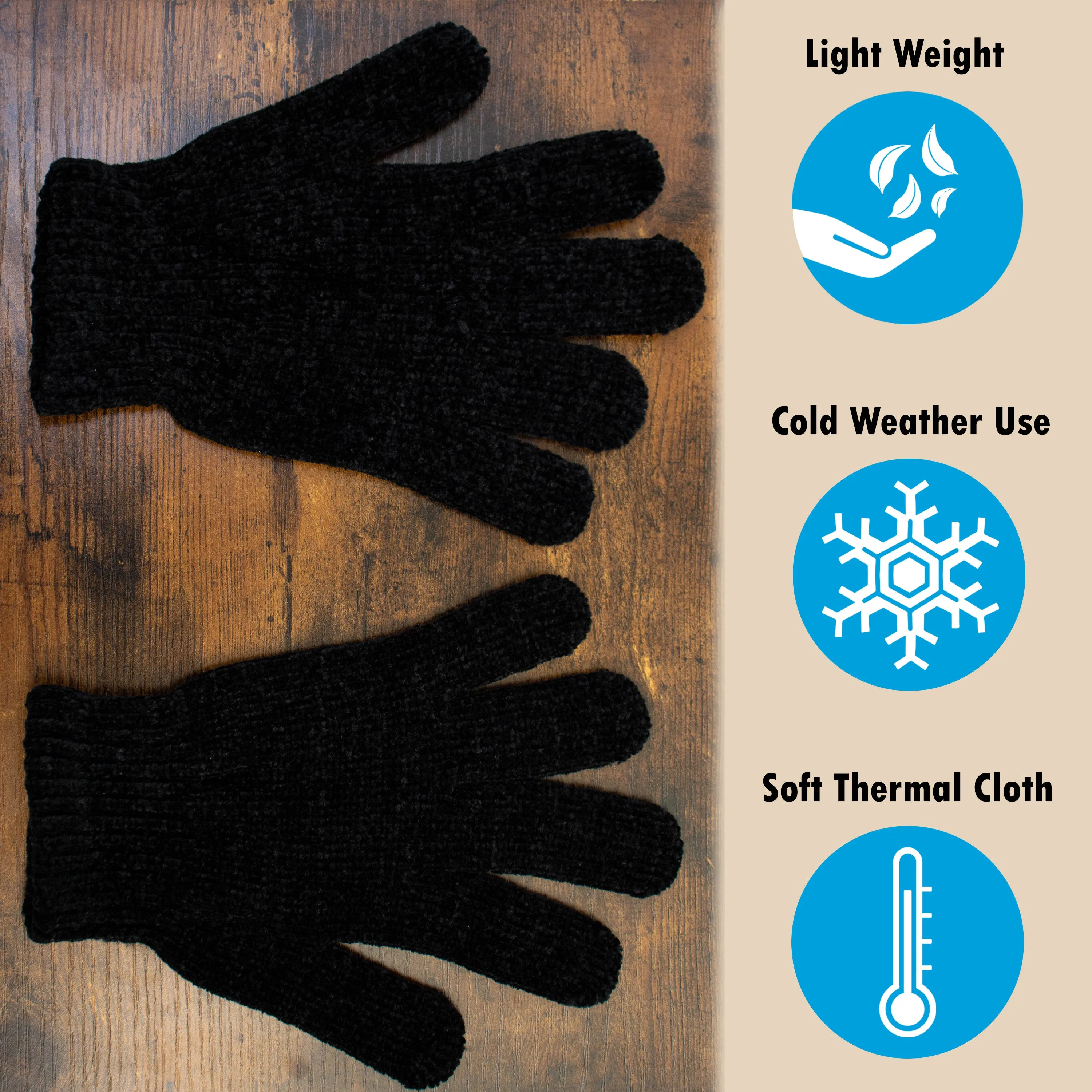 Wholesale Winter Unisex Chenille Gloves in Black- One Size Fits Most - Bulk Case of 96